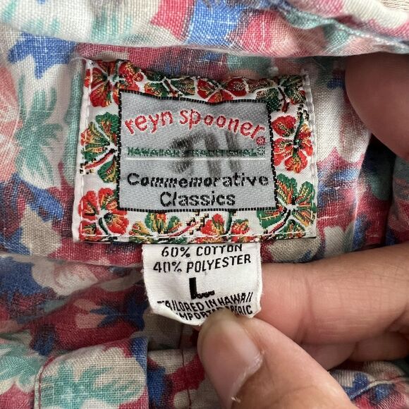 Reyn Spooner Shirt Mens Large Hawaiian Floral Vintage Aloha Casual Pink Blue - Picture 6 of 12